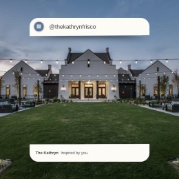 a leasing office with a lawn and hanging lights