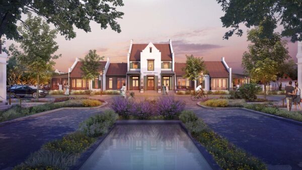 Rendering of Founders Hall with lush landscaping and elegant building reflected in pool.