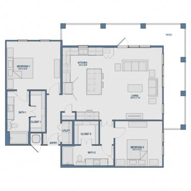 Rendering of the B3 floor plan with 2 bedroom[s] and 2 bathroom[s] at The Kathryn