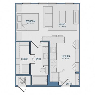 Rendering of the S1 floor plan with a Studio bedroom and 1 bathroom[s] at The Kathryn