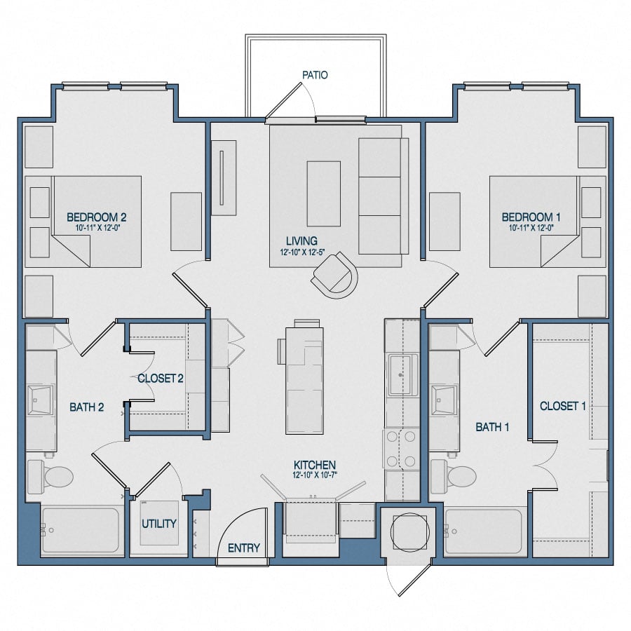 Rendering of the B1 floor plan with 2 bedroom[s] and 2 bathroom[s] at The Kathryn