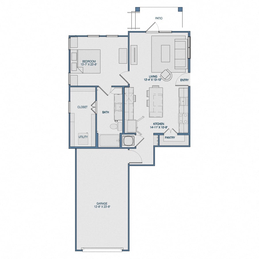 Rendering of the A3G floor plan with 1 bedroom[s] and 1 bathroom[s] at The Kathryn