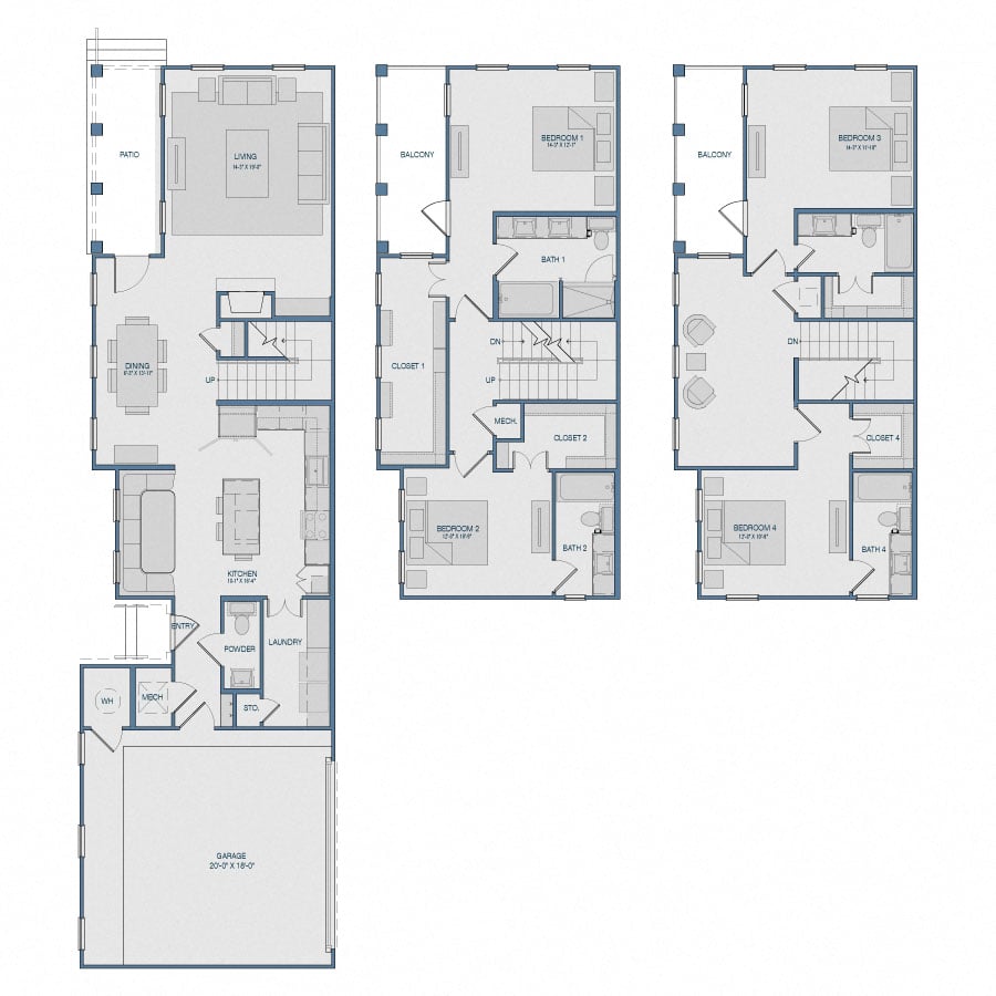 Rendering of the TH1 floor plan with 4 bedroom[s] and 4.5 bathroom[s] at The Kathryn