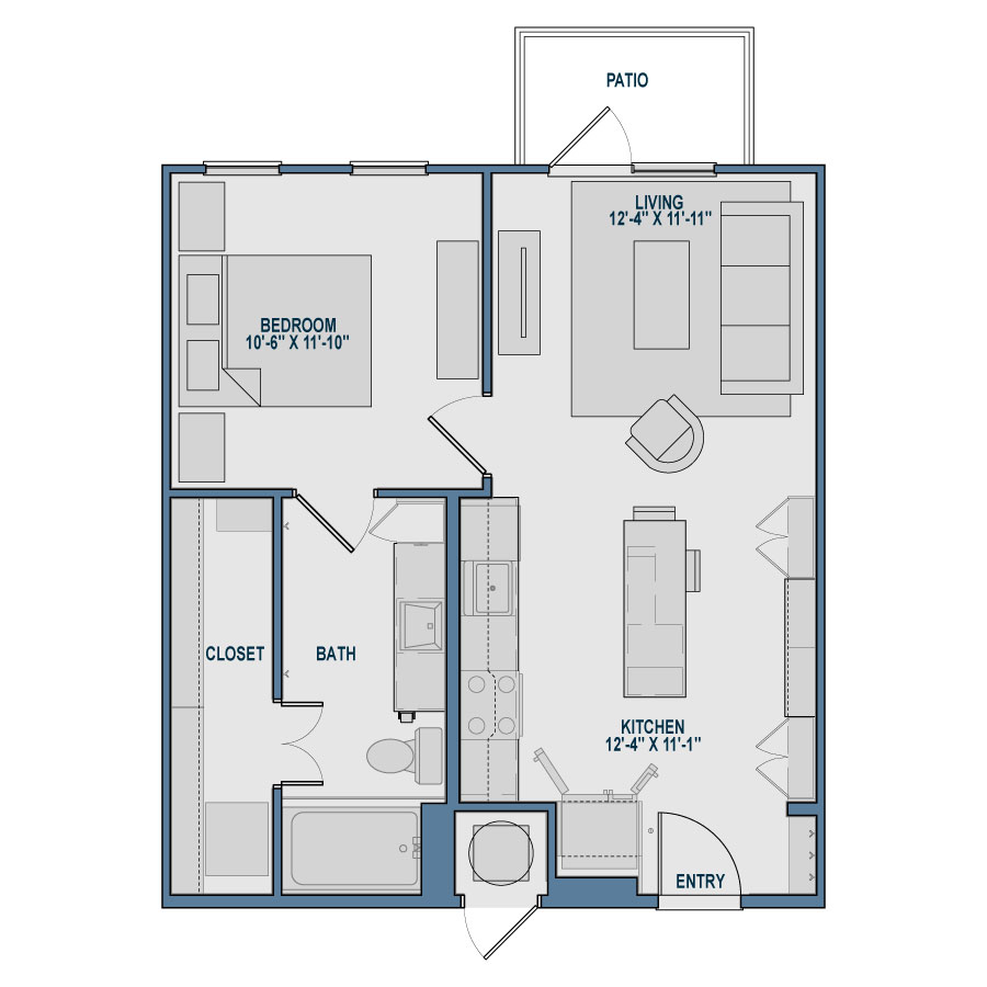Rendering of the A1 floor plan with 1 bedroom[s] and 1 bathroom[s] at The Kathryn
